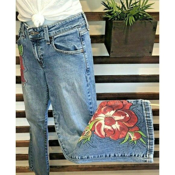 Levi 518  Hand Painted Roses Jeans Superflow Stretch 5 Juniors Wearable Art OOAK - Picture 7 of 12